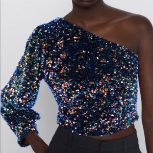 one shoulder glitter top